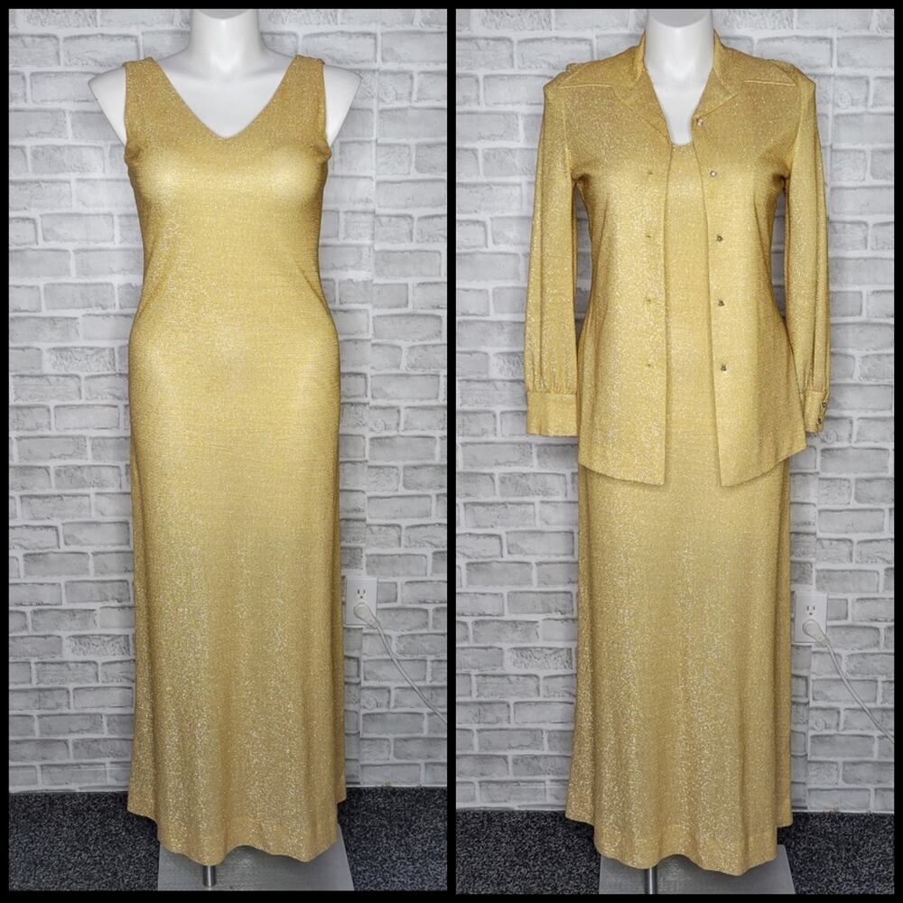 Vintage Gold Lurex Maxi Dress with Jacket